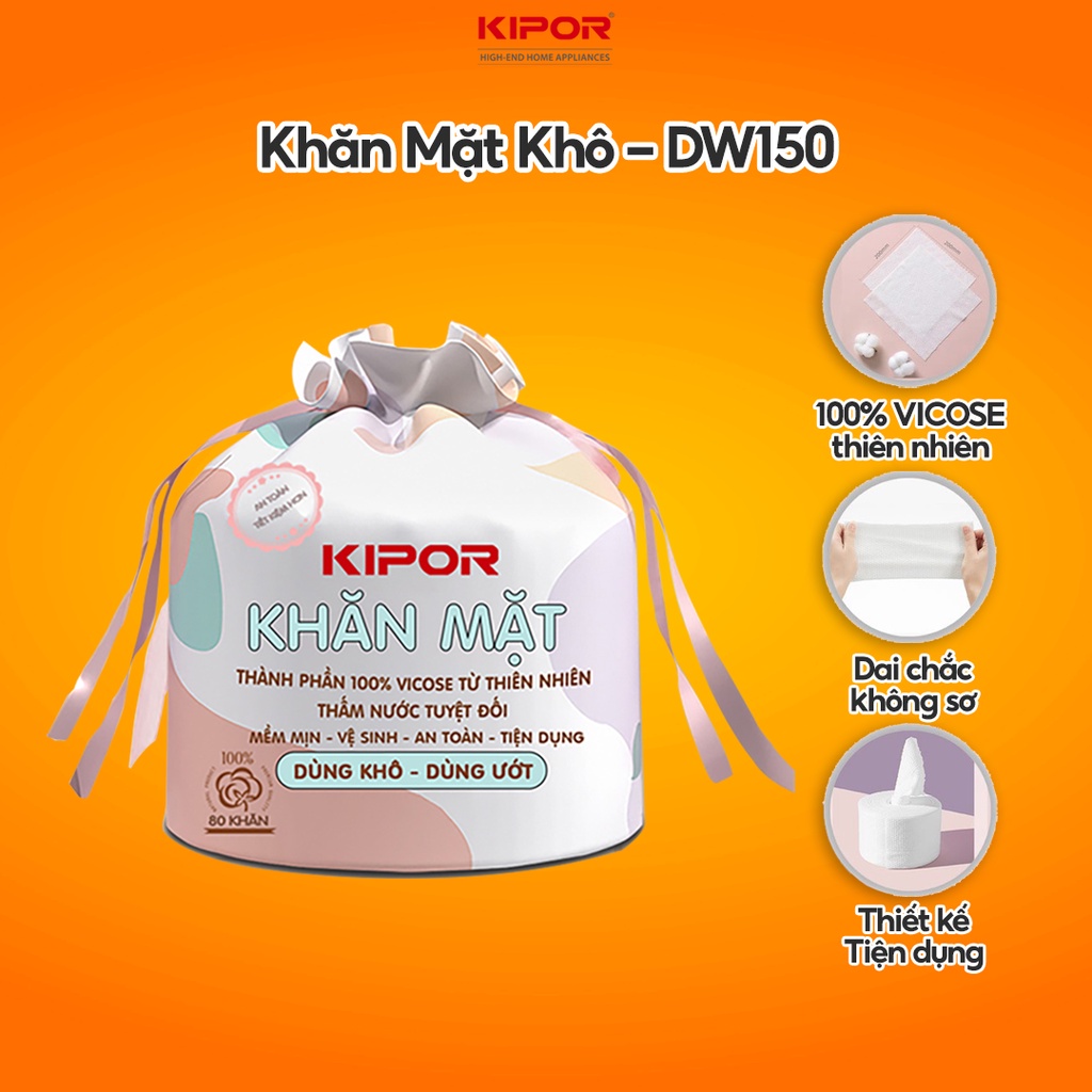 Khăn mặt khô KIPOR KP-DW150 dùng 1 lần lau khô, lau ướt - 80 khăn/cuộn, kích thước 20x20cm - Hàng chính hãng