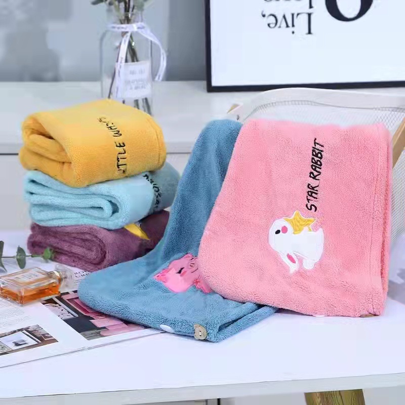 Mũ Trùm Đầu Thấm Hút Nước Nhanh Khô Tóc Hình Tam Giác Thêu Họa Tiết Hoạt Hình Đáng Yêu