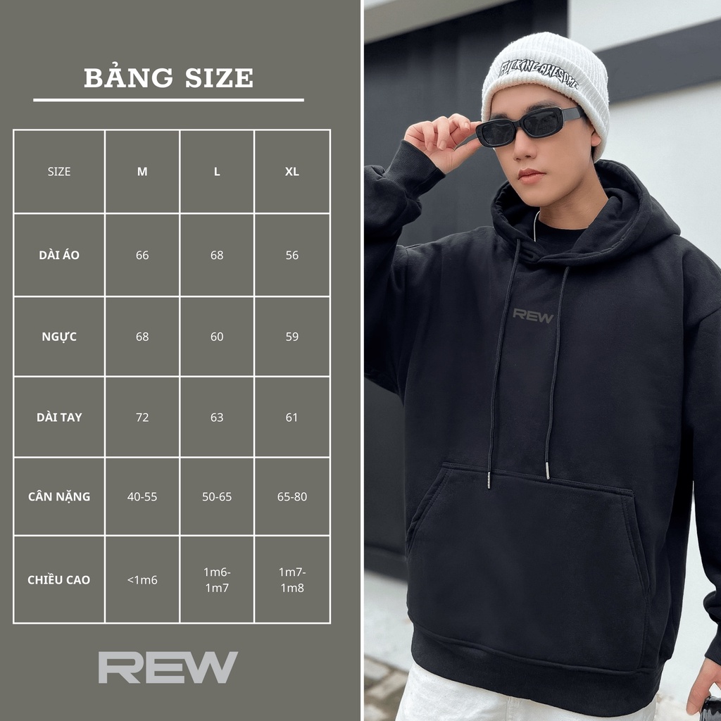 Áo Hoodie đen REW form rộng dành cho cả nam và nữ