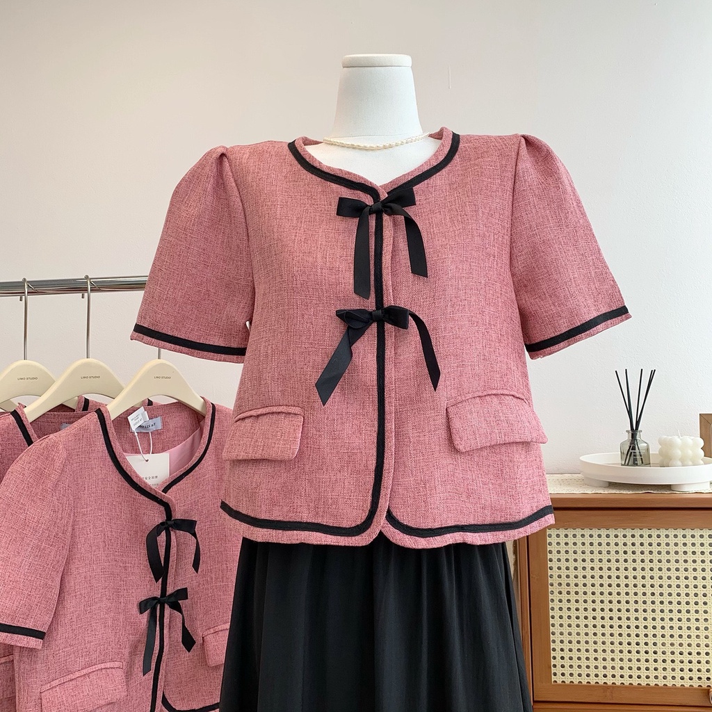 (HÀNG SẴN - HÌNH THẬT) Áo chất Tweed Hàn cổ tròn đính nơ - Blazer mặc được 2 kiểu Khoác ngoài hoặc mặc trơn