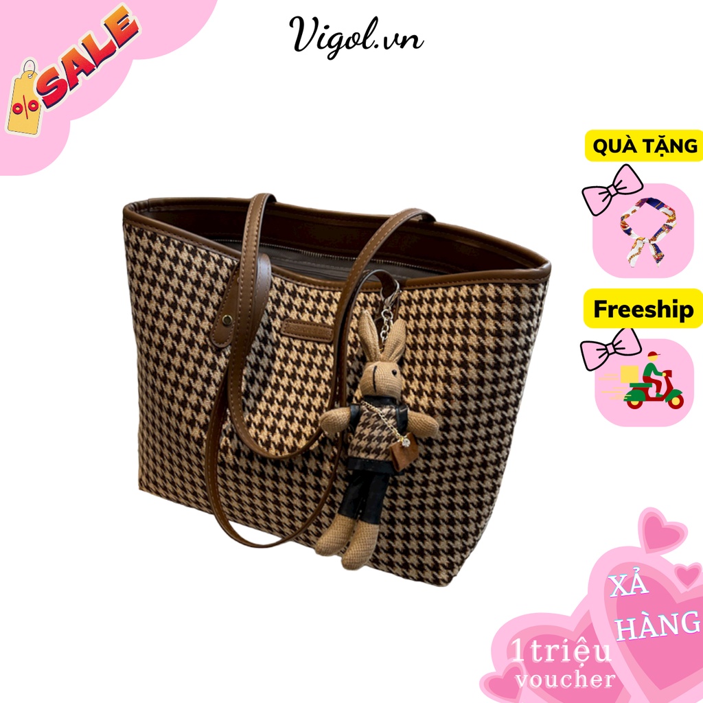 Túi Xách Nữ to kẻ dạ công sở mang đi làm, đi học, đi dạy thoải mái tặng kèm gấu