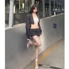 Set áo khoác vets dài tay combo chân váy ôm sát ngắn cá tính nữ màu ghi cao cấp chất da mềm lưng B016 đẹp hot