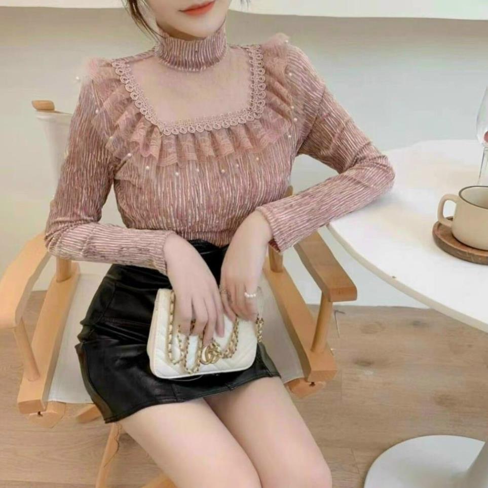 Áo Nhung Tiểu Thư Mềm mịn Phối Ren cổ cao 3 Phân Tay Dài Quảng Châu Mua Áo Tặng Quà