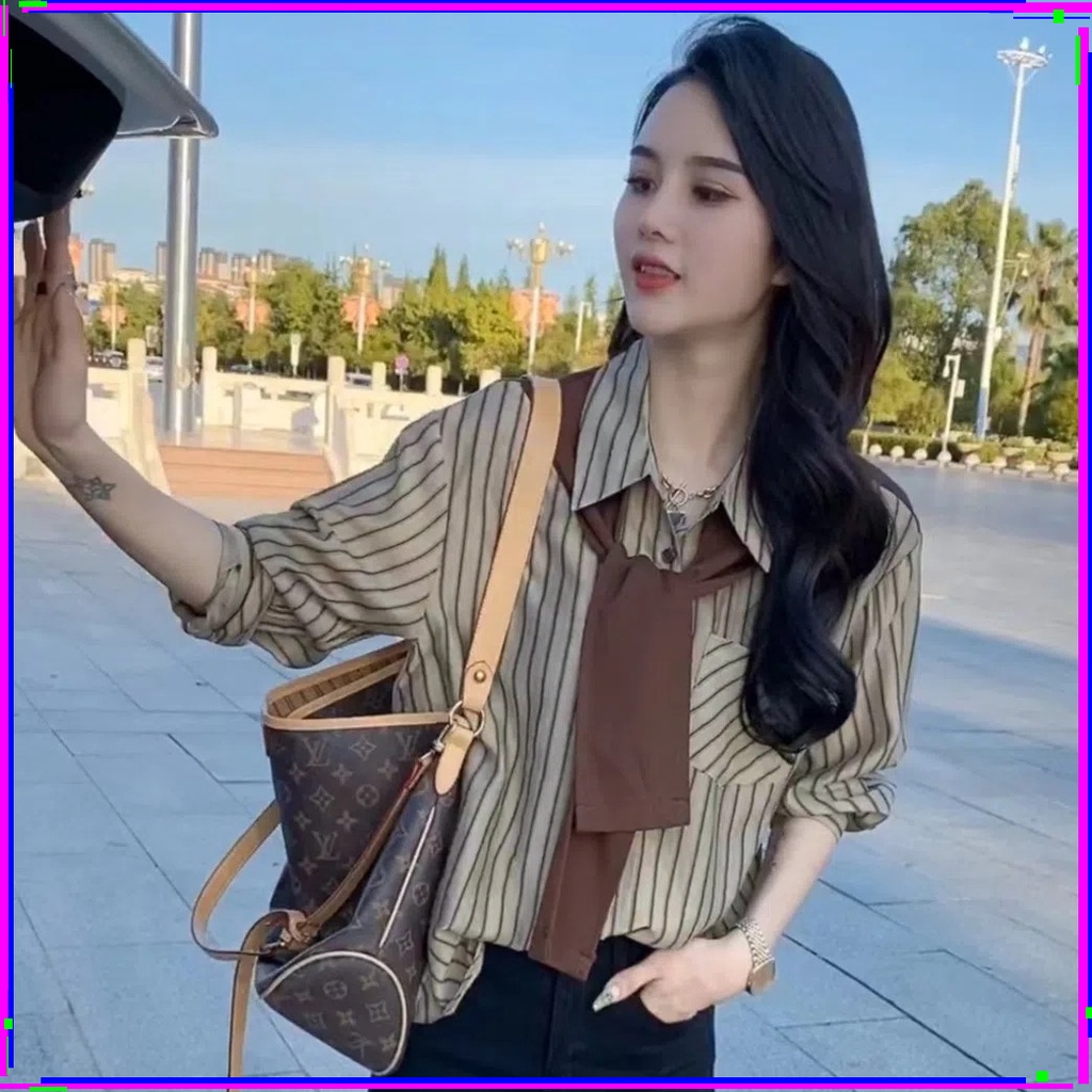 Đầm Sơ Mi Giả Hai Lớp Dáng Rộng Tay Dài Kẻ Sọc Có Khăn Choàng Cổ Polo Thời Trang Dành Cho Bạn