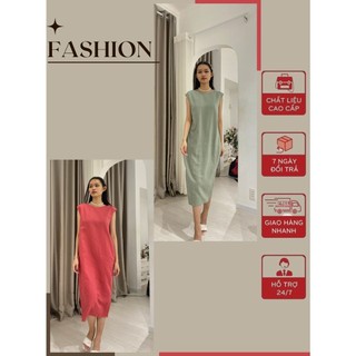 Đầm nữ vải Linen - Tay sát nách - cổ tròn dáng suông bí - hàng thiết kế