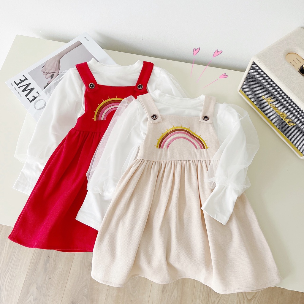 Set áo + váy Yếm thêu hình Cầu Vồng cho bé gái 1-5 tuổi (Mã 058)