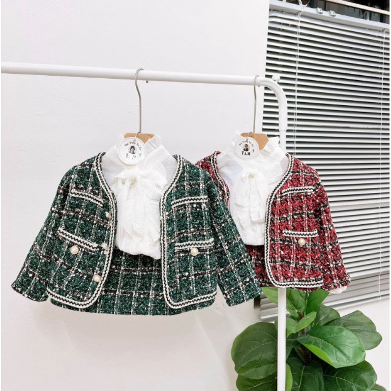 Set 3ct áo váy dạ kèm somi nơ xinh xắn bé gái