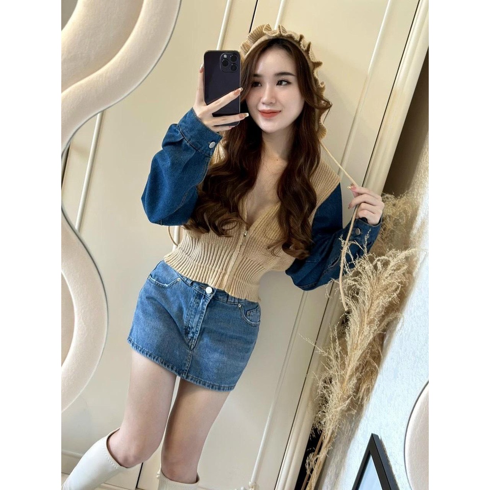 Áo khoác len nữ tay dài phối jean có nón hàng nhập