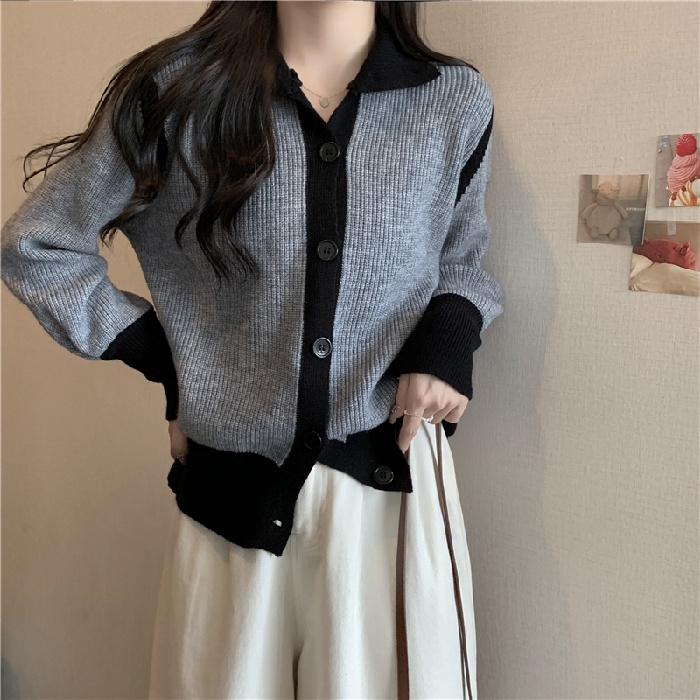 Áo Khoác Cardigan Dệt Kim Dáng Rộng Cổ Cao Màu Sắc Tương Phản Phong Cách Hàn Quốc