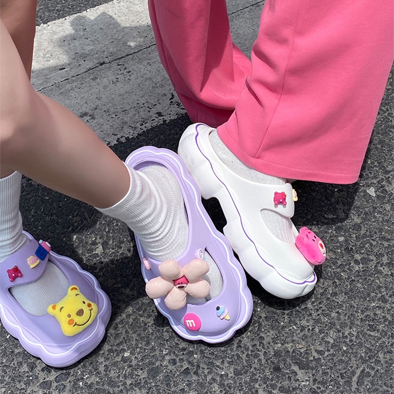 Dép Quai Ngang Đế Dày Họa Tiết Hoạt Hình Disney Dâu Tây Winnie the Pooh Dễ Thương Thời Trang Cho Nữ