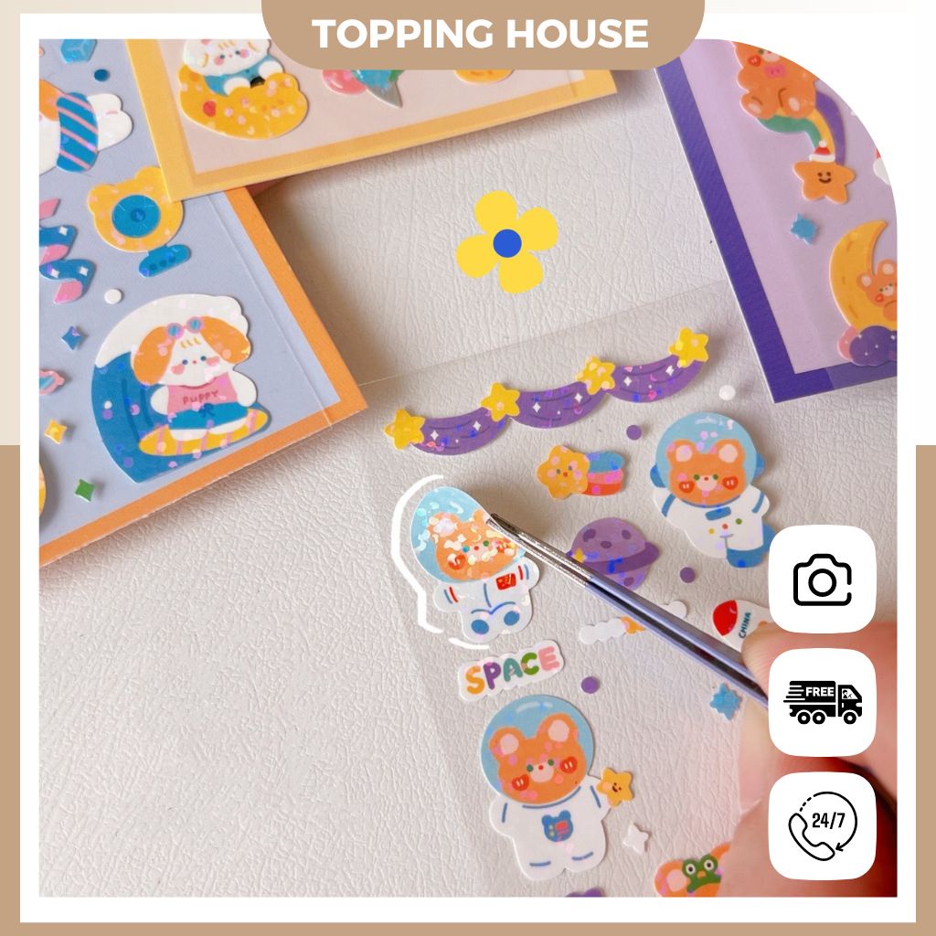 Sticker Hình Dán Trang Trí Toploader Lấp Lánh PET, Miếng Dán Họa Tiết Hoạt Hình - Topping House - DC34