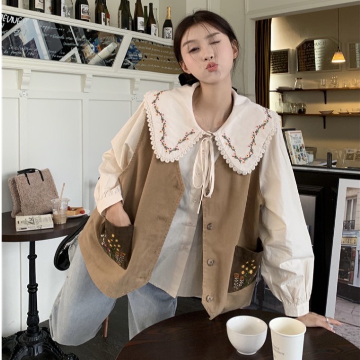 Áo khoác gile nữ kiểu trơn màu túi thêu hoa vintage, gile nữ phối sơ mi form rộng cổ thêu viền hoa 3277