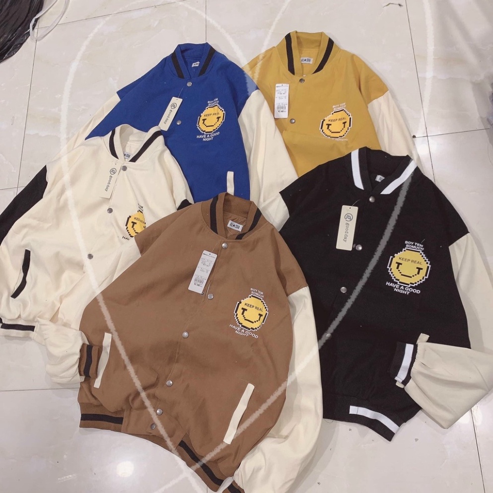 Áo Khoác Bomber In Nổi Mặt Cười Vải Da Lộn Kèm Ảnh Thật GKT48