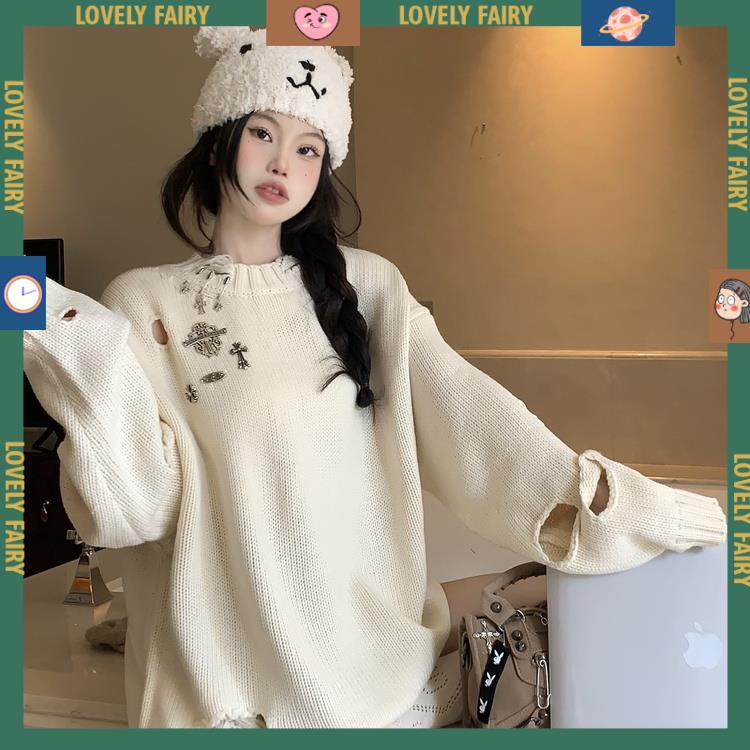 🎀Áo Len Nữ Kiểu Áo Len Nữ Dài Tay Cổ Tròn Form Rộng Thiết Kế Xẻ Rách Phong Cách Mới