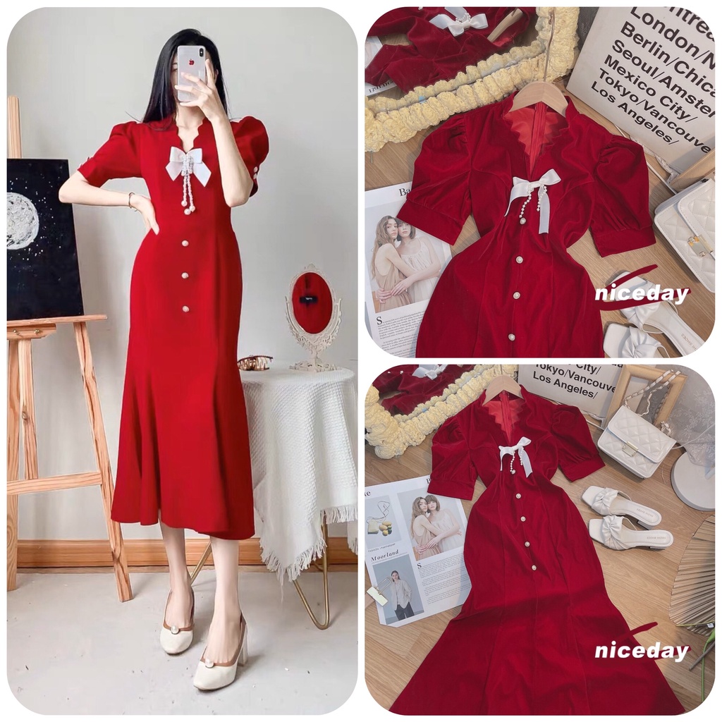 ĐẦM MIDI NHUNG ĐỎ ĐUÔI CÁ TAG NƠ TRẮNG