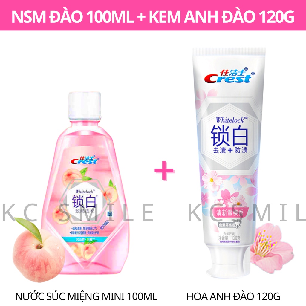 Nước súc miệng Crest quả đào White Lock làm trắng răng cho hơi thở thơm mát