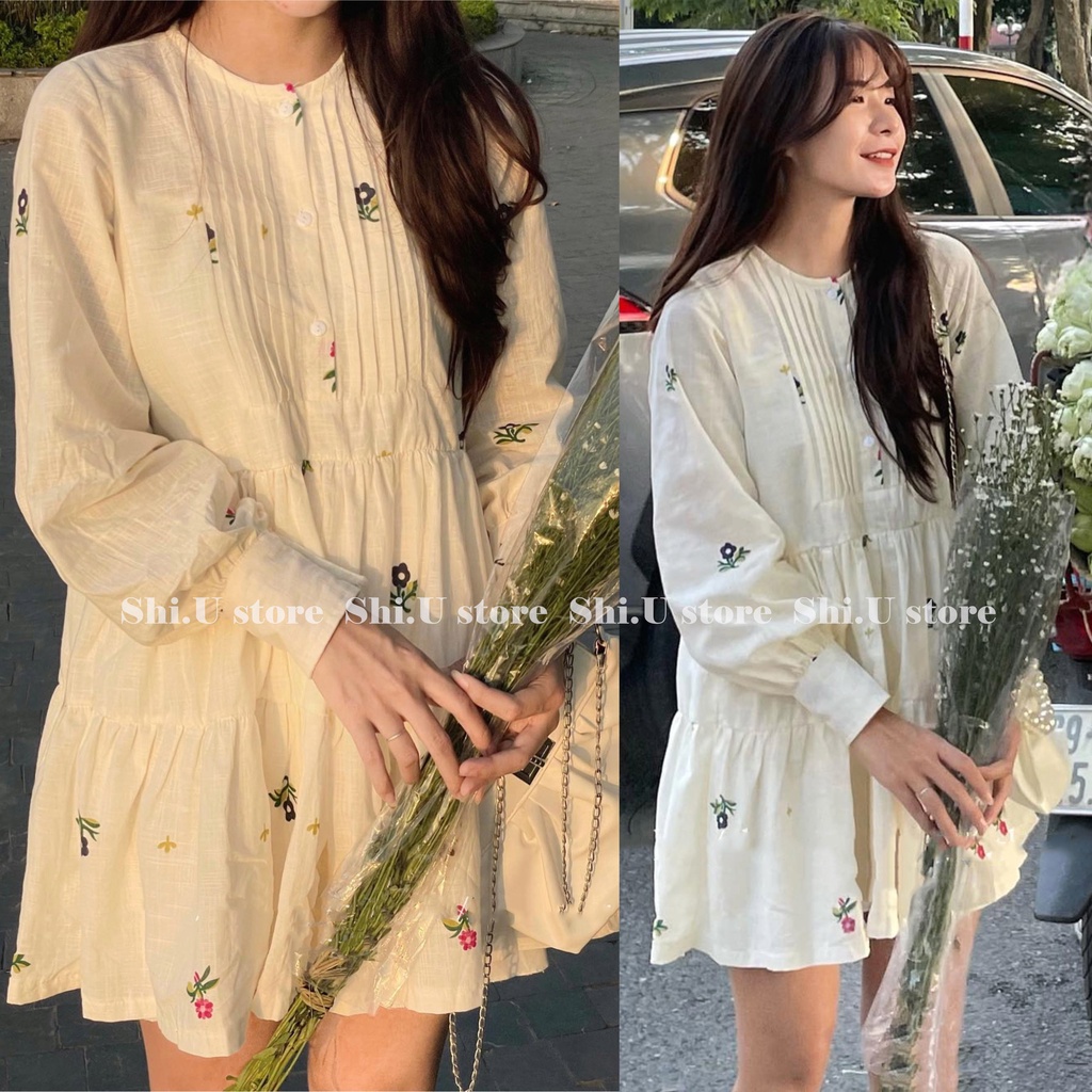 Váy hoa babydoll dài tay xòe tầng xếp li dọc chất linen 2 lớp vintage