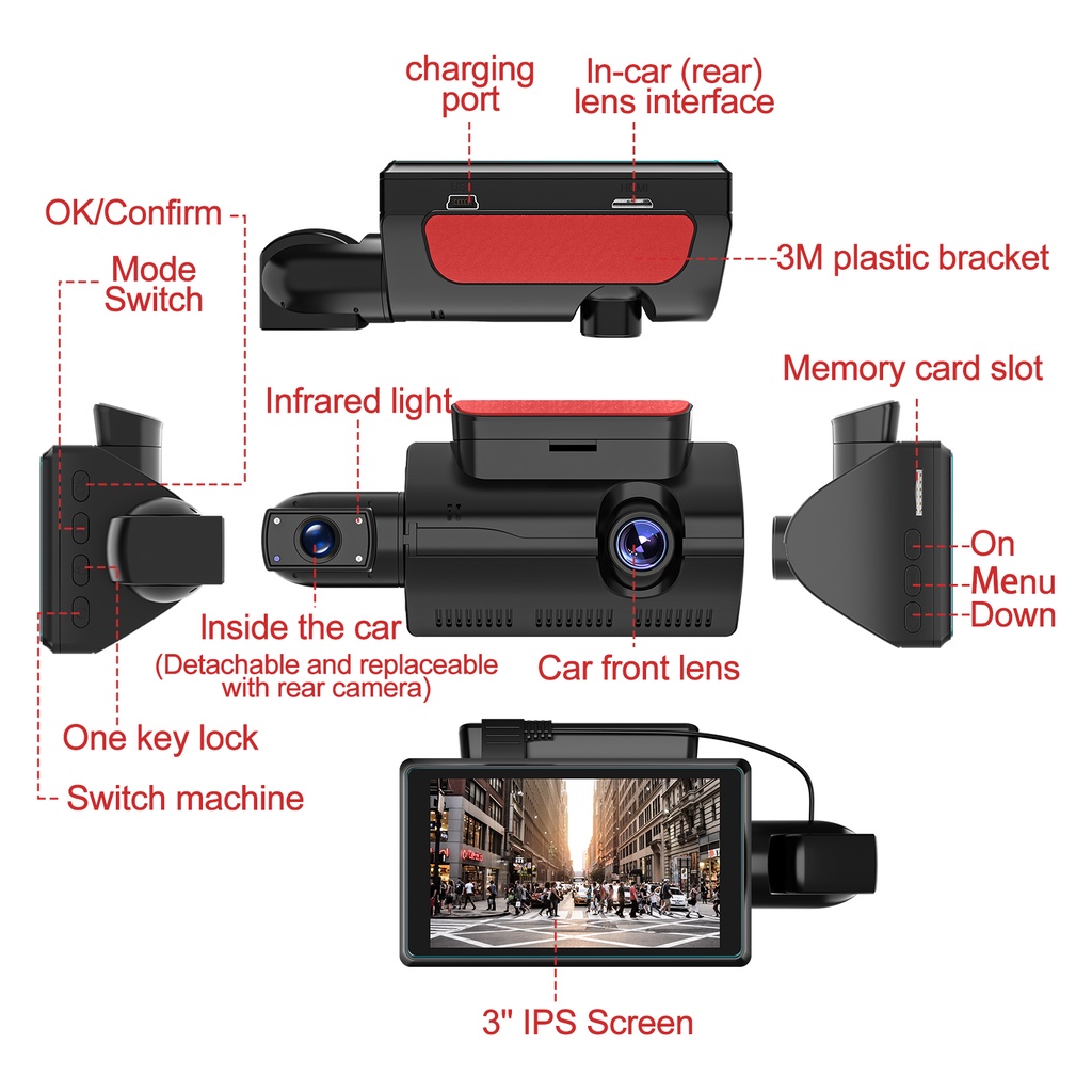 Camera Hành Trình Ống Kính Kép Góc Rộng 170 Độ Full HD 1080P 3 Inch Cho Xe Hơi° Camera Chiếu Hậu Cho Xe Ô Tô