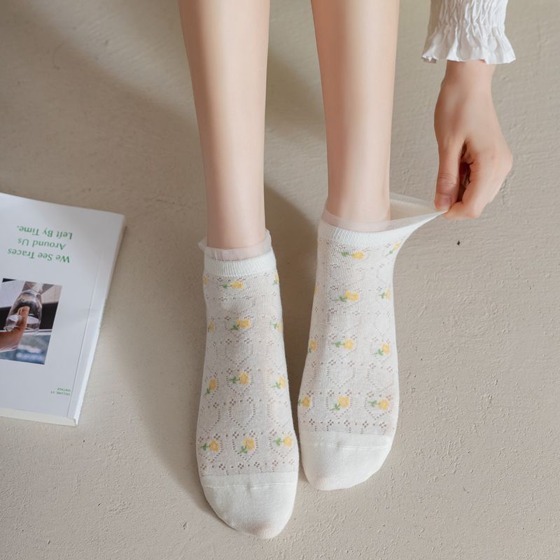 Tất/vớ cổ ngắn trong suốt siêu mỏng, thoáng mát, họa tiết hoa cỏ phong cách Hàn Nhật
