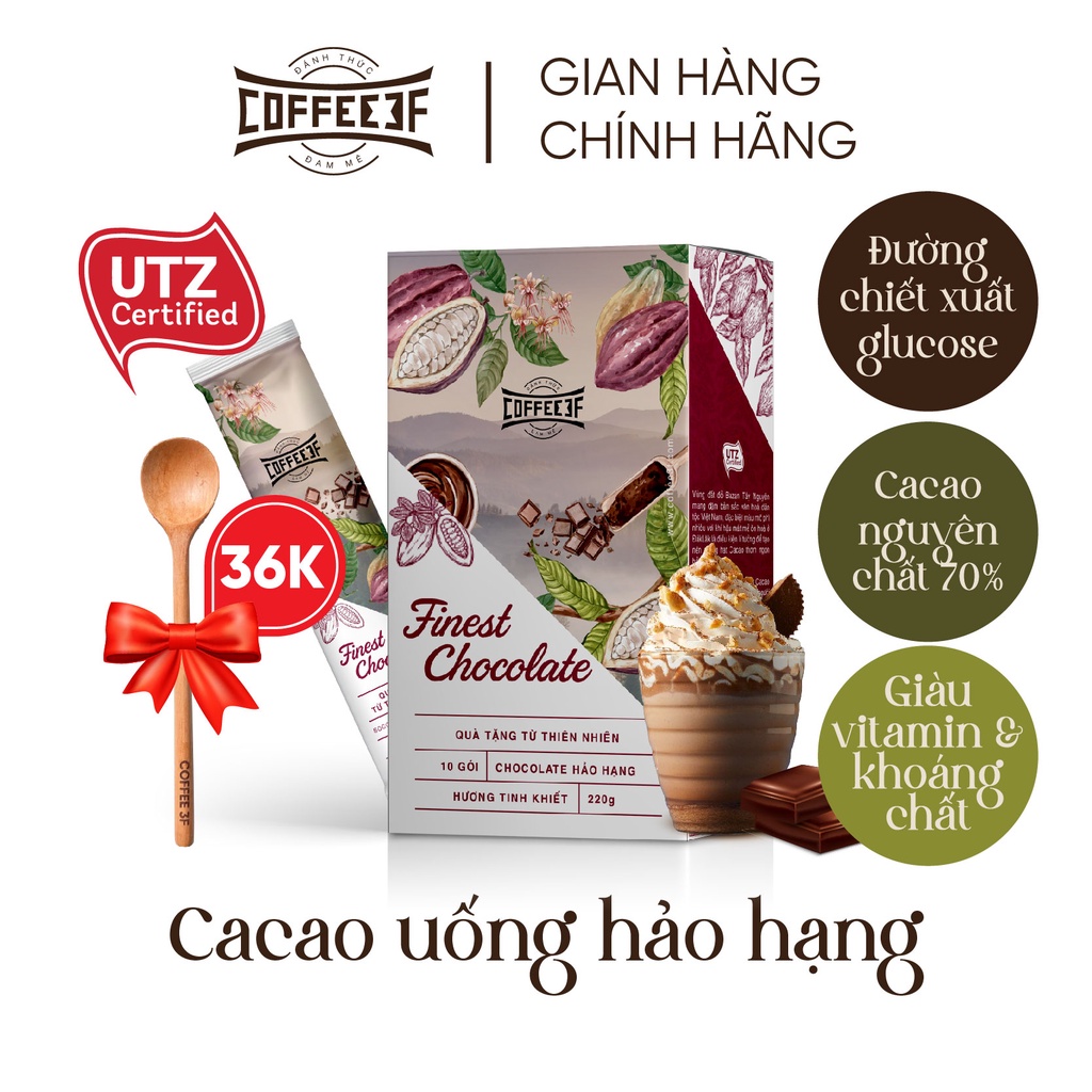 Cacao uống hảo hạng Finest Chocolate - 70% cacao Đắk Lắk - Coffee 3F (hộp 10 gói x 22g)
