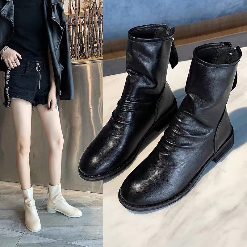 Bốt nữ da nhăn kéo khoá sau siêu, Giày boots nữ chất da hàng full box xịn xò