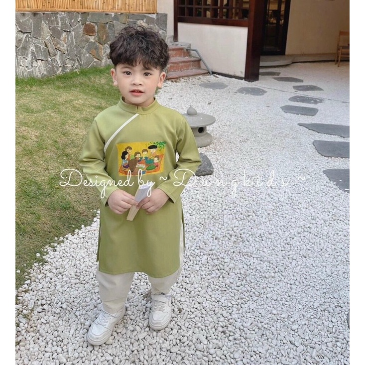 Áo dài nam cho bé trai họa tiết in hình gia đình rất đáng yêu, áo dài diện Tết chất nhung tăm mềm mịn đẹp
