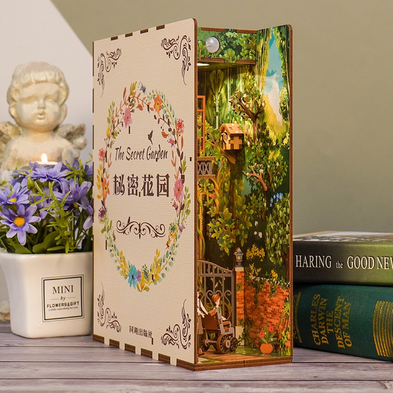 Mô hình 3D Chặn sách Book Nook Tự Làm bằng gỗ. Trang Trí Kệ sách | Book Nook DIY TQ520 SECRET GARDEN