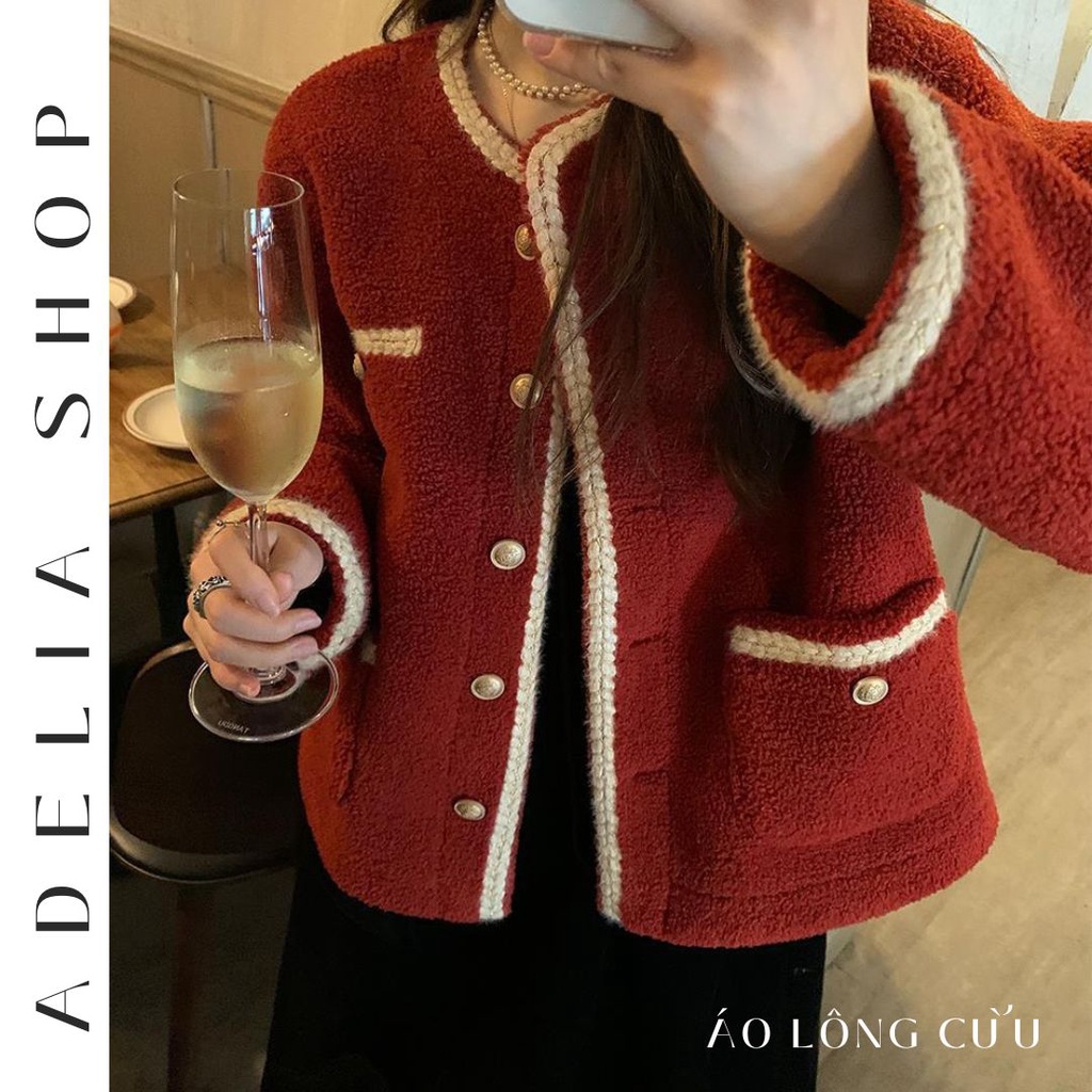 「ADELIA」Áo Khoác Cardigan 2 Màu Đỏ Đen Chất Lông Cừu Dày Dặn Cổ Tròn Dài Tay Hàn Quốc