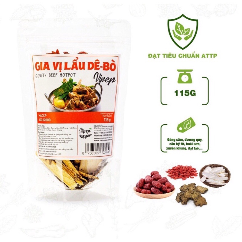 Gói gia vị nấu lẩu bò, dê Vipep thành phần tự nhiên 115g