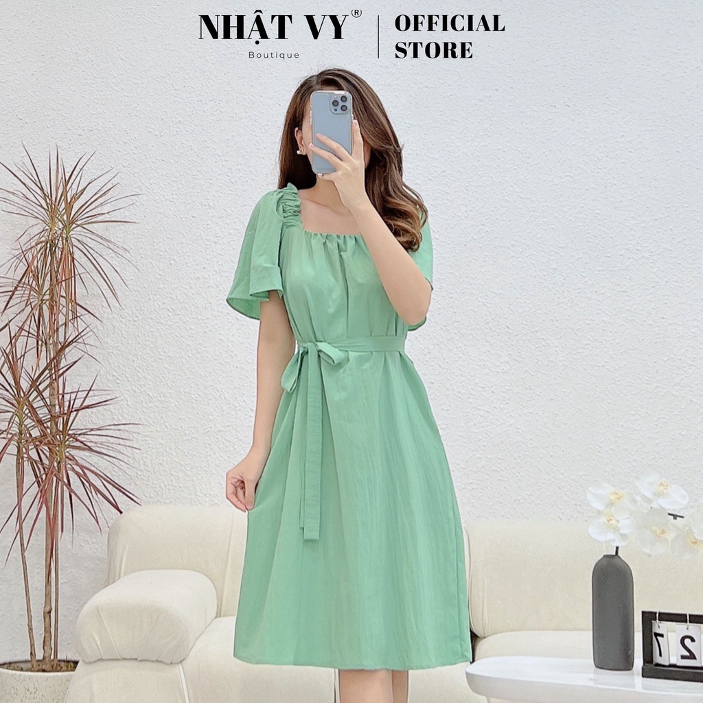 Đầm suông trể vai đi chơi Nhật Vy tay bí cô vuông nhún cách điệu chất gân phù hợp dạo phố cafe - D2551
