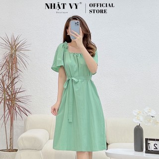 Đầm suông trể vai đi chơi Nhật Vy tay bí cô vuông nhún cách điệu chất gân phù hợp dạo phố cafe - D2551