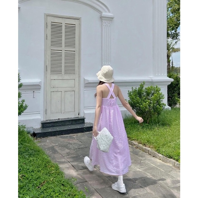 Váy đầm dài maxi cổ yếm xoè rộng caro màu tím pastel mộng mơ trẻ trung