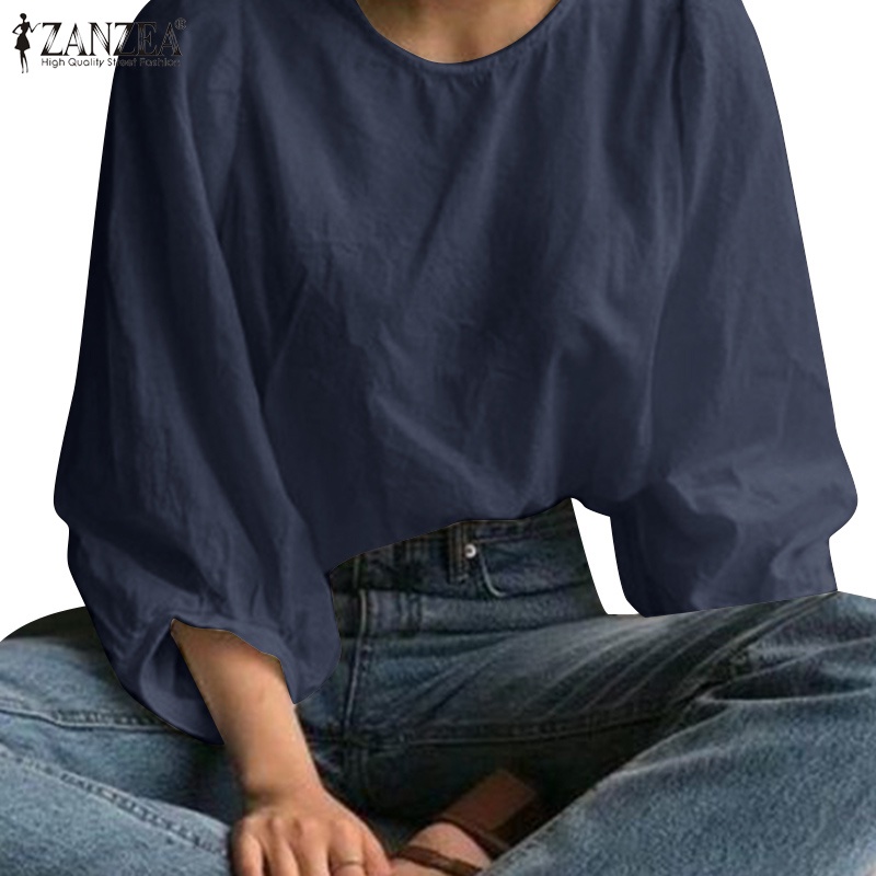 Áo kiểu ZANZEA tay 3/ 4 chất liệu cotton cổ tròn thời trang Hàn Quốc dành cho nữ
