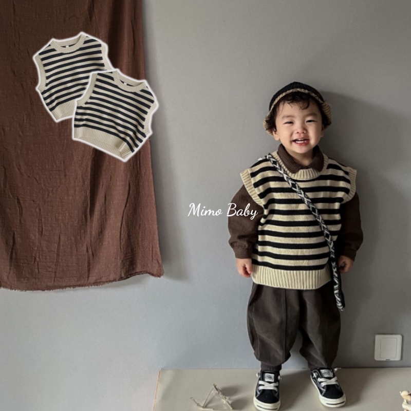 Áo gile len kẻ sọc cổ tròn mùa thu đông phong cách Hàn Quốc cho bé QA61