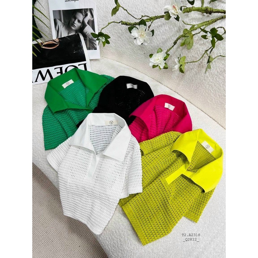 Áo croptop len lưới ô vuông có cổ tay ngắn cao cấp Quảng Châu TU