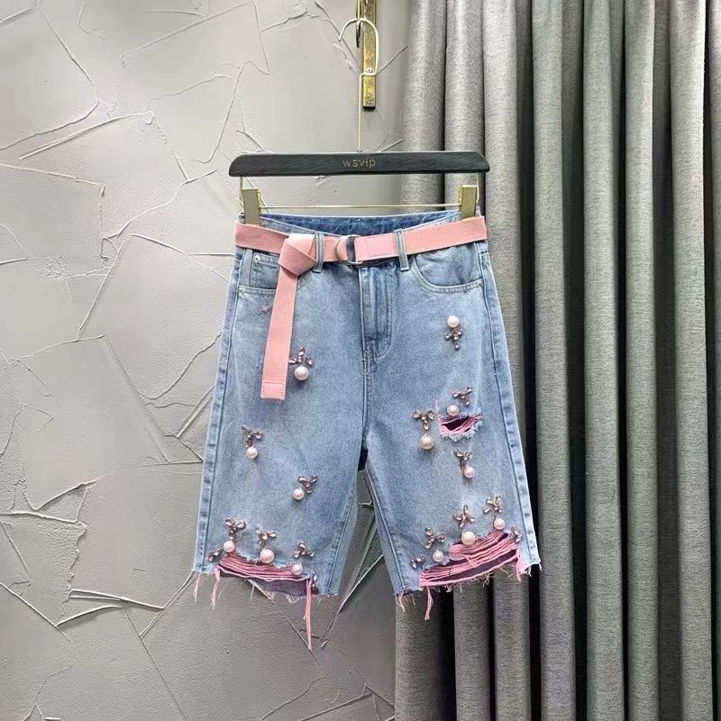 Quần Short Jean Rách Đính Kim Cương Thời Trang Mùa Hè Phong Cách Mới Cho Nữ Raw E