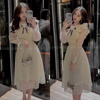 Váy ren phối voan tơ cổ bèo kèm nơ, váy đầm dự tiệc siêu xinh