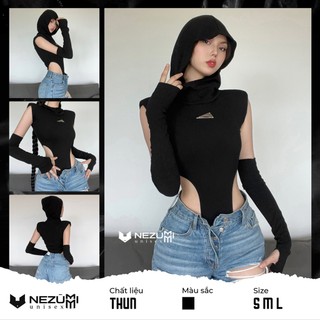 (Sẵn S M L) Áo bodysuit hở eo có mũ kèm găng tay cực sexy quyến rũ, áo tập gym nhảy dance
