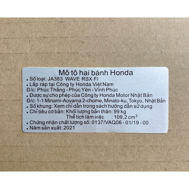 Tem năm sản xuất 2021 các dòng xe Honda .. Tem zin chuẩn hãng honda