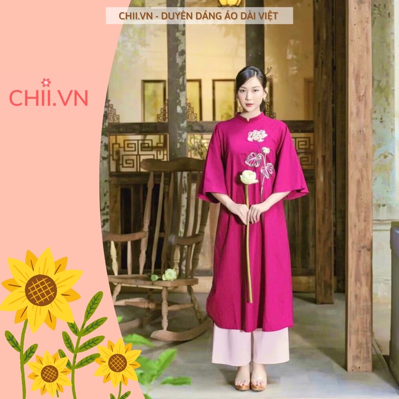 Áo Dài Cách Tân Dáng Suông Xưa Màu Hồng Sen