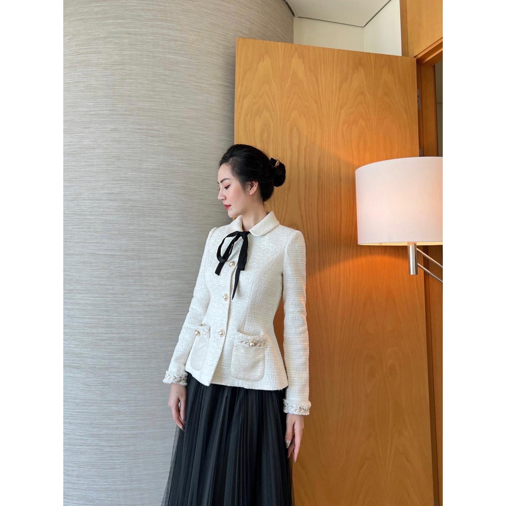 Áo dạ tweed ALENA Fashion áo khoác mùa đông nơ cổ phối chân váy xoè dáng dài tiểu thư đen phong cách Hàn Quốc trẻ trung