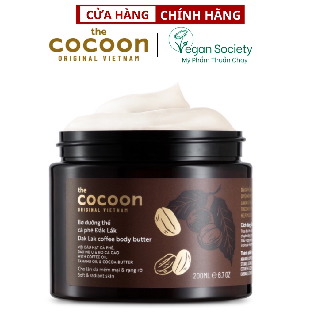 Bơ dưỡng thể cà phê đắk lắk cocoon 200ml thuần chay - Vegan Society