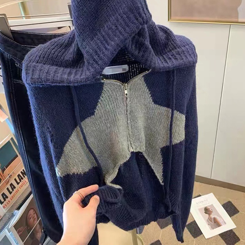 Áo Khoác cardigan Có Nón Họa Tiết Ngôi Sao Màu Sắc Tương Phản Thời Trang Cho Nữ