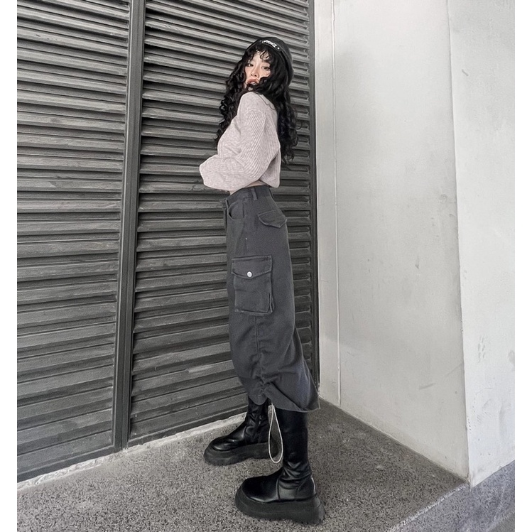 Chân váy Y2K túi hộp dáng dài màu xám