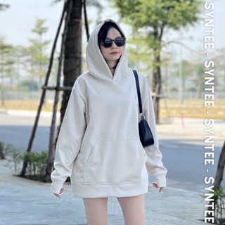 Áo hoodie DA LỘN Màu Kem mũ trùm phong cách unisex, chất da lộn dày đẹp với logo thêu hai mặt