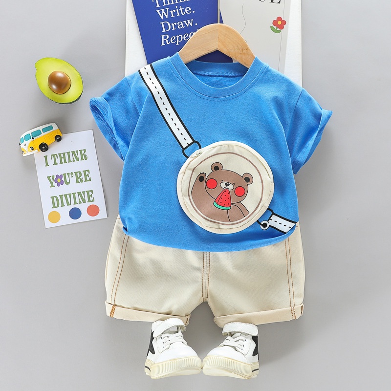 Set Đồ Mùa Hè 2 Món Gồm Áo Thun Túi Gấu + Quần Ngắn Denim Thời Trang Cho Bé Sơ Sinh