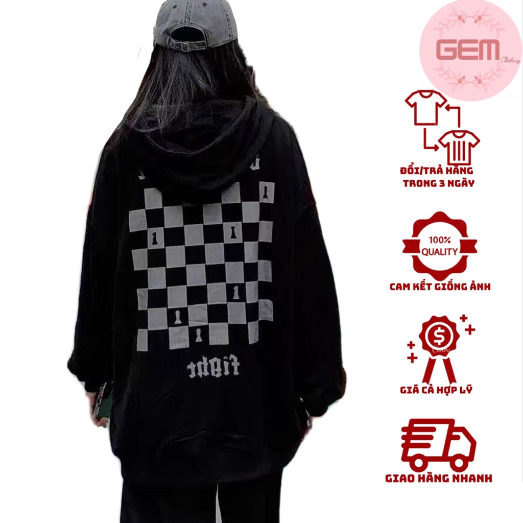 Áo hoodie nỉ 2za nam nữ unisex form rộng in HÌNH BÀN CỜ màu đen, Áo khoác ngoài ulzzang tay bồng phong cách Hàn Quốc