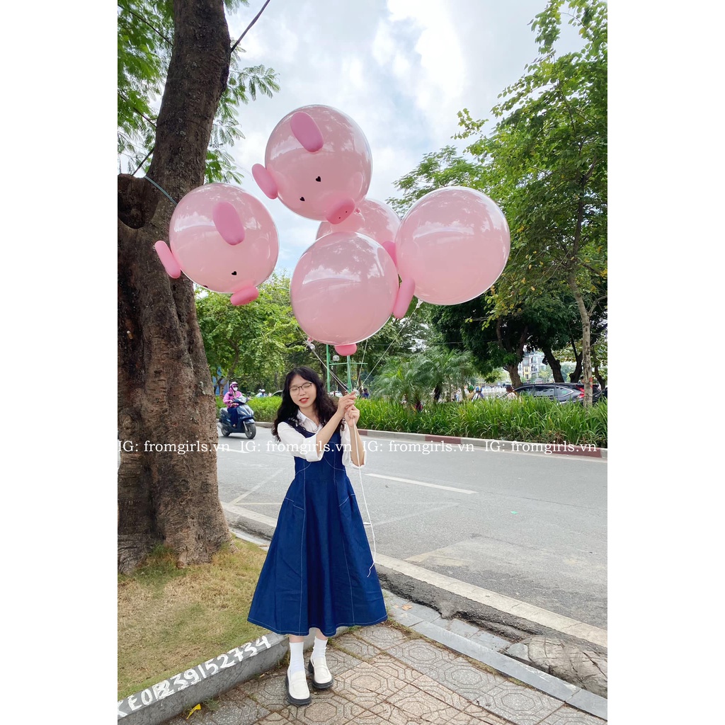 Váy yếm denim dáng dài xòe, yếm bò chun nhún lưng co giãn - V99