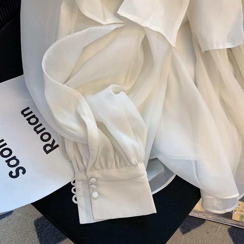 Áo Sơ Mi Chiffon Tay Ngắn Dáng Rộng Phối Bèo Cột Nơ Thời Trang Mùa Thu Cho Nữ Sm