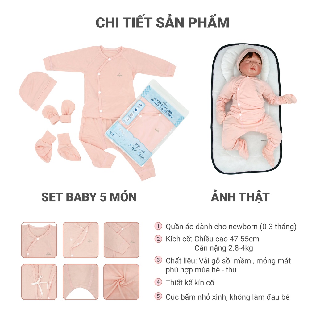 Quần áo sơ sinh- newborn 5 món vải modal siêu mềm và thoáng khí kháng khuẩn (quần, áo, mũ, bao tay, chân) Comfybaby